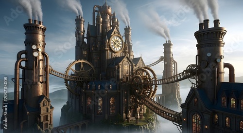 Grand Steampunk Metropolis Soaring Above the Clouds Intricate Industrial Fantasy Architecture and Lofty Machines
