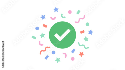 Quadro su tela A green checkmark icon surrounded by colorful confetti and stars on a white back