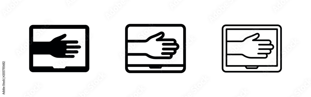 Obraz premium Digital Interaction Icon Set. Hand Reaching Out from Tablet Screen Symbol. Technology and Assistance.