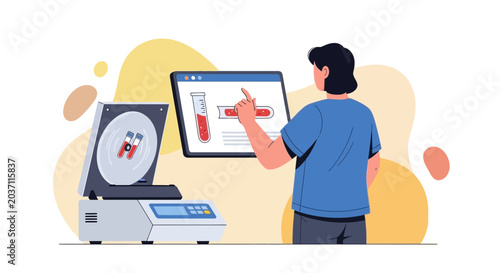 Scientist with Centrifuge and Tablet in Lab, Medical Research Concept