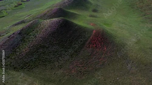 Aerial tracking shot of rolling green hills with red wildflowers across open grassland plateau and distant valleys