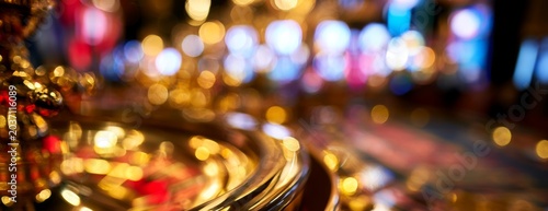 Casino roulette table with chips and colorful lights in background  