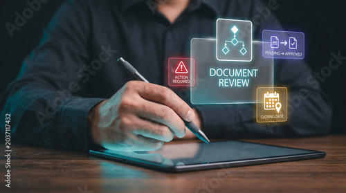 Holographic Document Review Interface Displays Above Digital Tablet to Show Workflow Diagram, Flag Action Items, Track Approval Status, and Confirm Closing Date, Focusing on Property Management