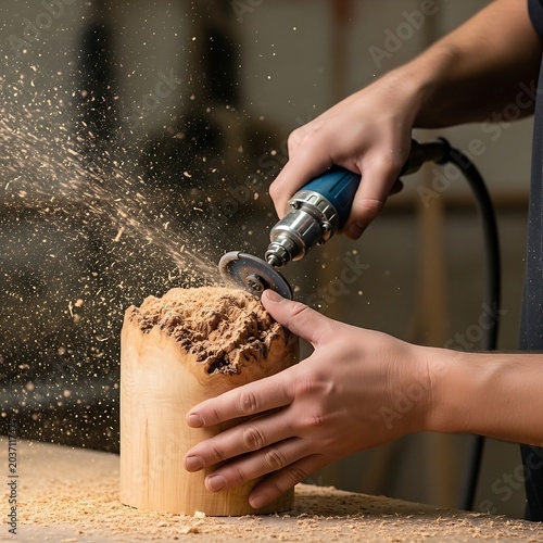a rotary tool being used to refine the edges of a wooden sculpture.