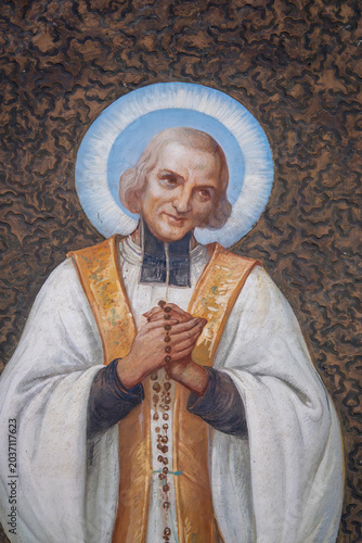 Fresco of Saint John Mary Vianney the Holy priest of Ars. Saint of the Catholic Church.