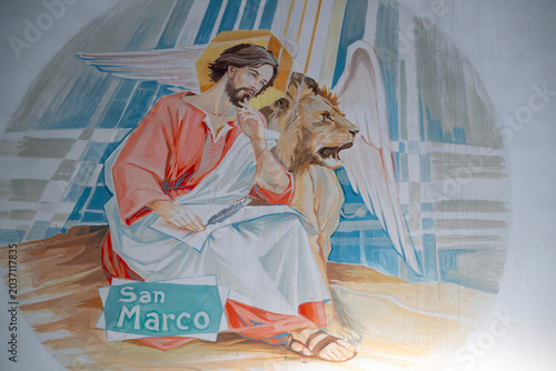 Fotografie Fresco of The tetramorph, symbol of the four evangelists with their attributes: the lion for Mark