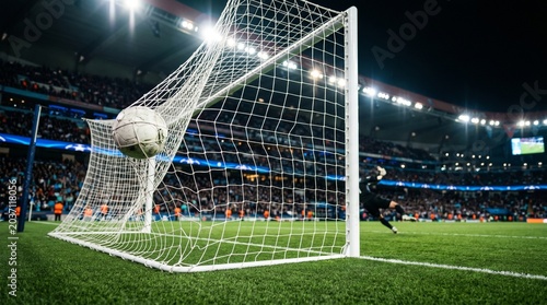 Soccer ball hitting the back of the net during a professional match in a crowded stadium at night