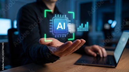 Holographic artificial intelligence chip with scanning frame and performance chart presented by professional for machine learning processing and technology analysis