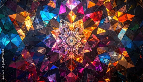 Intricate Geometric Kaleidoscope Pattern with Vibrant Colors and Crystal Facets