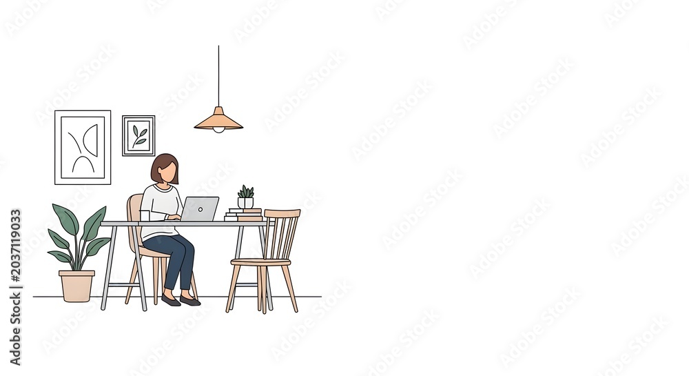 Fototapeta premium Young woman working on laptop at home office desk. Remote work, online education, freelance concept. Modern minimalist interior with plant and lamp. Productivity.