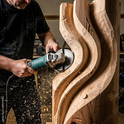 An artist shaping a large, flowing wooden sculpture with a power angle grinder.