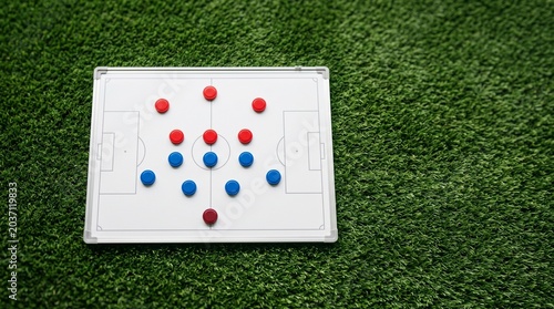 Soccer coaching tactical whiteboard with red and blue magnetic markers showing a game formation on a green turf background