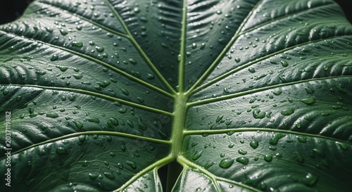 Close-up of a large, dark green tropical leaf with water droplets after rain.