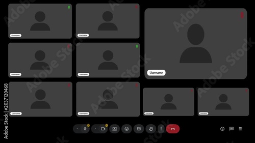 A minimalist motion graphic animation depicting user profile grids popping up to form a virtual meeting user interface screen layout, complete with a bottom navigation control bar on a black backgroun