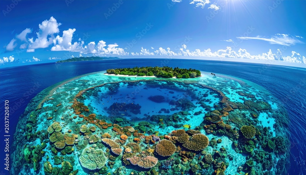 Fototapeta premium Stunning tropical island paradise surrounded by vibrant coral reefs and crystal clear turquoise ocean waters under a bright blue sky