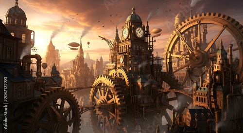 Panoramic view of a wondrous steampunk city, a marvel of gears, clocks, and aerial vehicles under a vibrant sky