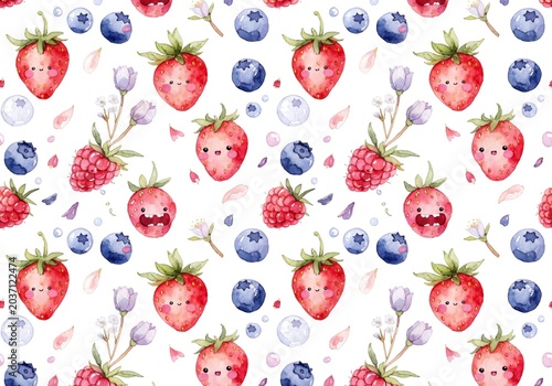 a seamless watercolor pattern features an adorable collection of vibrant strawberries, blueberries, and raspberries decorated with tiny cute smiling faces on a plain white background.
