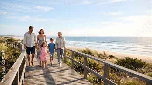 Multi-generation family walking together on a sunny beach wooden boardwalk