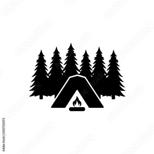 Camping Tent and Campfire Flat Icon for Outdoor Adventure and Travel