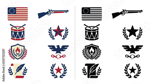 Quadro su tela Collection of American Revolutionary War Icons and Symbols in Color and Silhouette