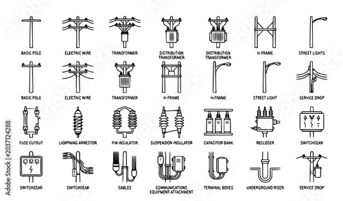 Photos Utility Pole Infrastructure Icon Set in Flat Line Outline Style Vector Illustrat
