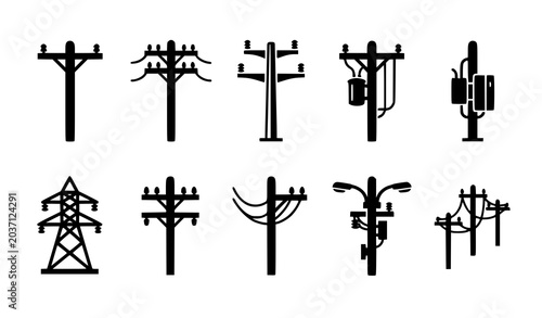 Foto Flat Solid Utility Pole Electrical Infrastructure Icon Collection for Power Grid