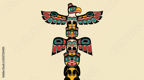 Tableau sur toile Haida Totem Pole Carved with Eagle Thunderbird and Bear