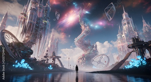 Awe-Inspiring Vision of a Luminescent Futuristic Metropolis Reflected in Serene Waters