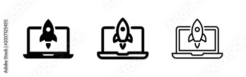 Fotografie Startup launch icon set - solid, outlined, and thin outlined laptop with rocket symbols for business innovation