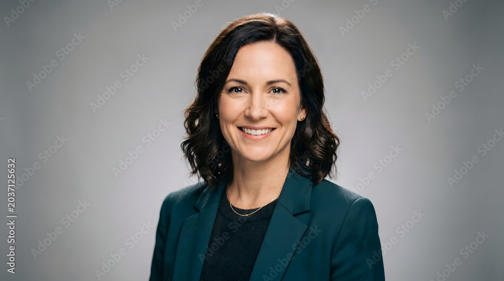 Fototapeta premium Professional woman in business attire smiling confidently in a studio portrait