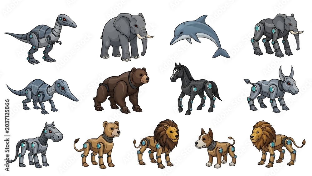 Obraz premium A whimsical collection of robot and realistic animal hybrids, featuring dinosaurs, elephants, and lions