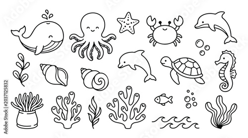 Cute sea animals coloring page vector set, hand drawn ocean creatures line art, 18 underwater life icons for kids education and crafts