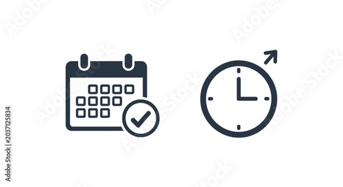 Foto Icons of calendar and clock with checkmark.