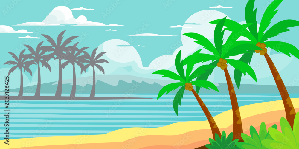 Fototapeta premium silhouette of coconut tree in flat style. illustration of palm tree in flat style. summer background. summer theme scenery 