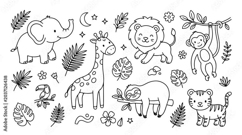 Fototapeta premium Jungle animal coloring page set, cute safari animals line art collection, black and white tropical zoo wildlife illustrations for kids activity