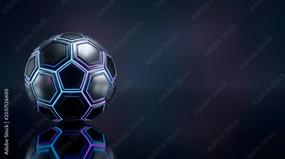 Fototapeta premium Soccer ball with futuristic neon glowing lines, black metallic texture on a dark reflective surface.
