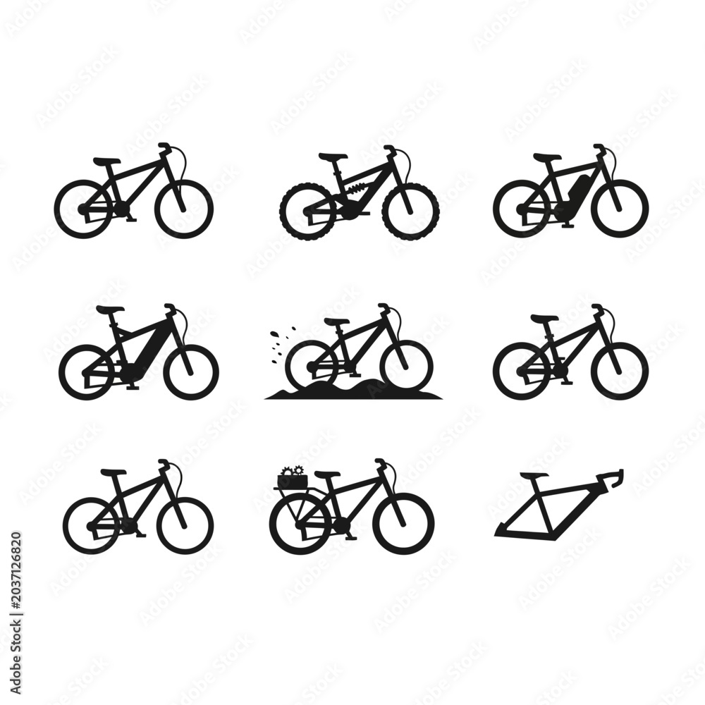 Fototapeta premium Diverse Bicycle Icons Set, Vector Graphics Collection, Cycling Transport Silhouettes