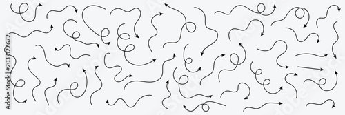 Squiggly arrows doodle set. Curve and Spiral comic symbols in sketch style. Hand drawn vector illustration isolated on white background . Vector Illustration . EPS 10 .