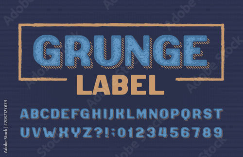 Grunge label alphabet font. Scratched worn letters and numbers on a faded background. Vector typeface for poster titles, signage, western lettering, and antique type sets.
