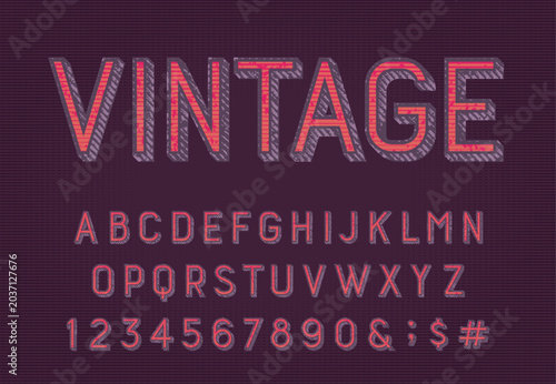 Vintage typescript alphabet font. Faded scratched letters and numbers on a dirty textured background. Vector typescript for badge design, headline titles, and old poster elements.