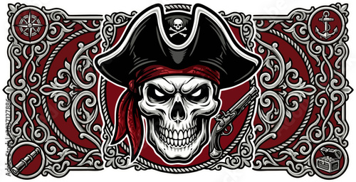 Schilderij op canvas Ornate Pirate Skull Banner Vector Illustration – Dark Red Decorative Frame with