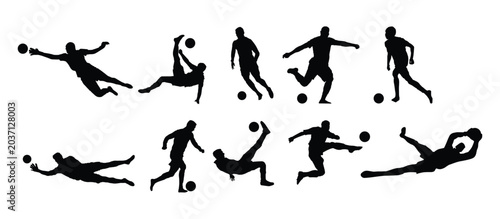 Soccer football player silhouettes set, black vector illustration of athletes kicking, dribbling, running, and goalkeeper diving isolated on white background.