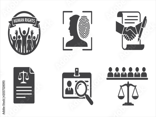 Law and Justice solid icon set. Includes symbols for Scales of Justice, Gavel, Cyber Law, and Anti-corruption. Solid vector icons for legal consultancy, court system, and regulatory