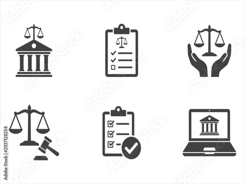 Law and Justice solid icon set. Includes symbols for Scales of Justice, Gavel, Cyber Law, and Anti-corruption. Solid vector icons for legal consultancy, court system, and regulatory