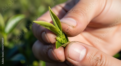 Close-up of hands carefully picking fresh green tea leaves from a plant in a field.