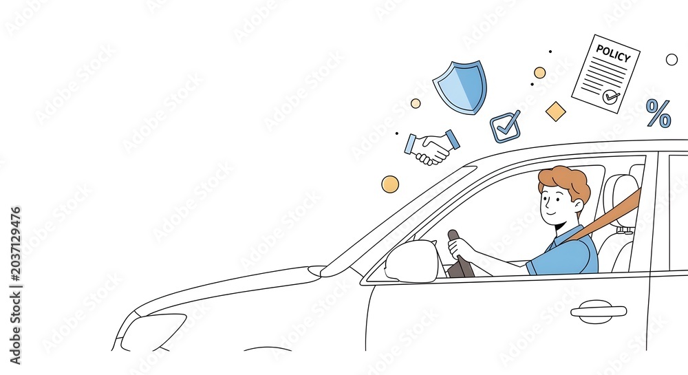 Fototapeta premium Person driving a car with online shopping and security icons floating above
