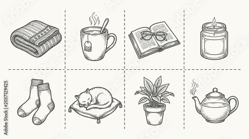Cozy Hygge Lifestyle Elements: Tea, Book, Candle, Blanket, Cat, Plant, Socks
