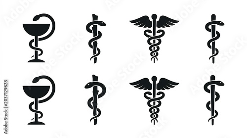 Medical symbols set featuring caduceus and rod of asclepius icons