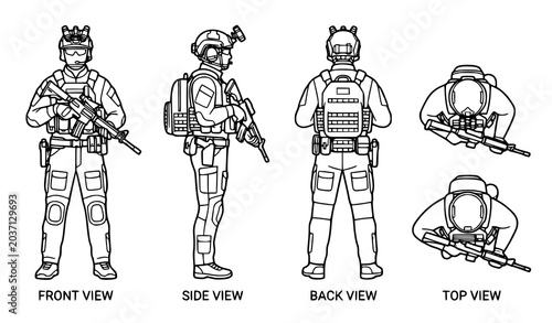 Schilderij op canvas Minimal Line Art Military Special Forces Soldier Icon Set with Rifle Multi View