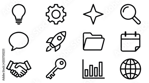 Minimalist business line icons set, 12 professional vector symbols for web and app design, black outline corporate interface elements